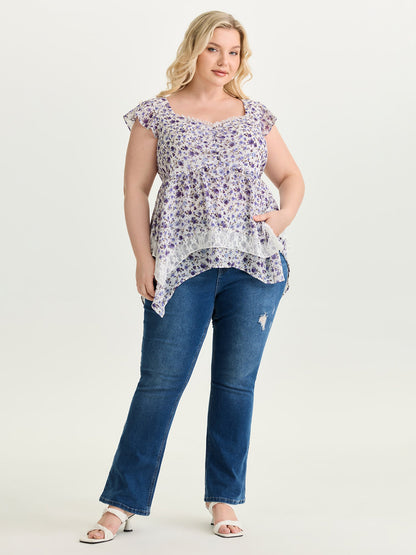 Floral Print Lace Trim Layered Blouse