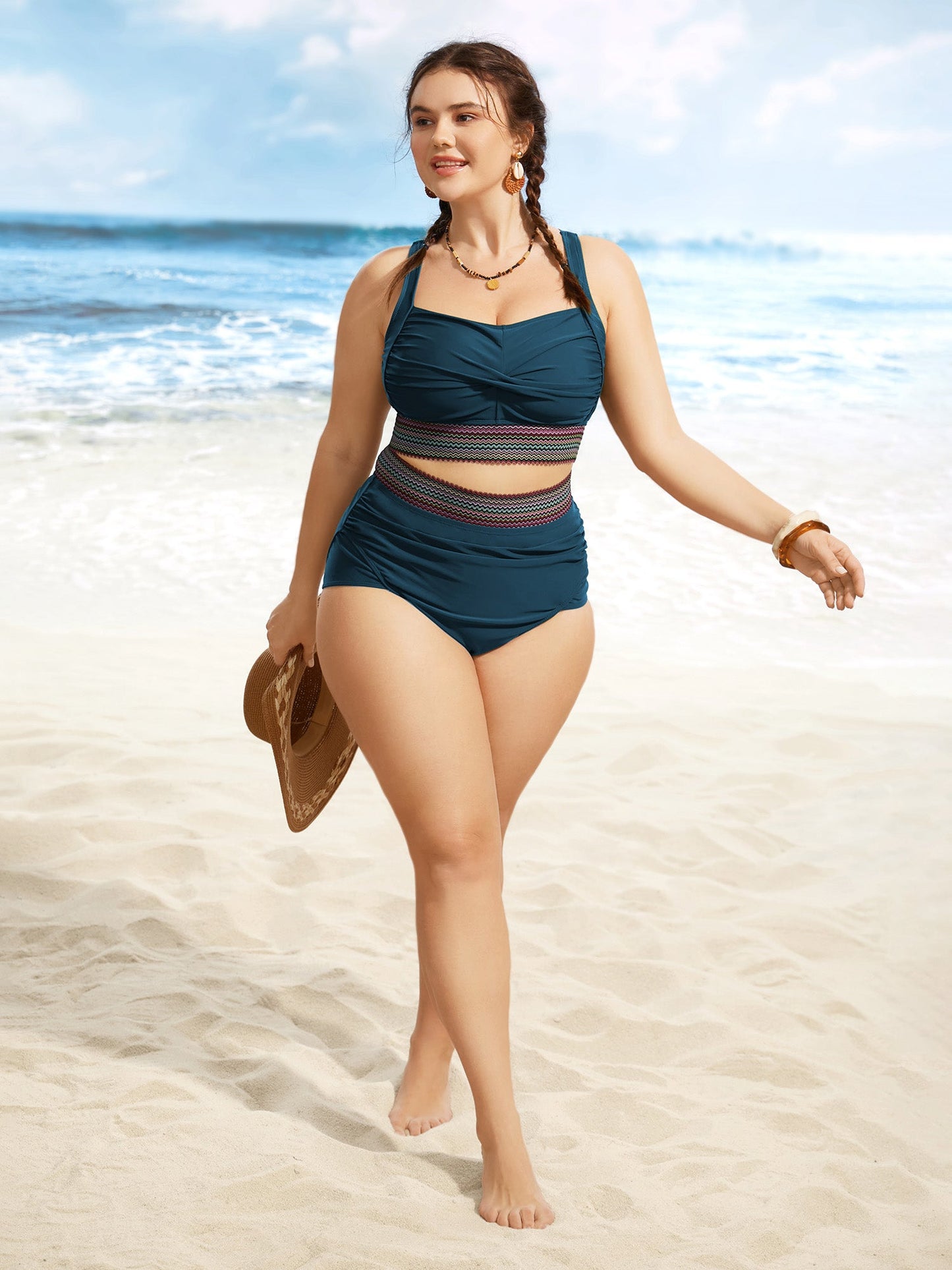 Twist Front Patchwork Woven Ribbon Swim Top