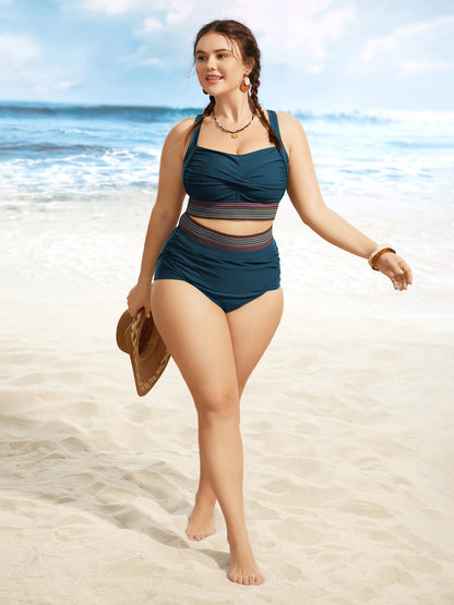 Twist Front Patchwork Woven Ribbon Swim Top