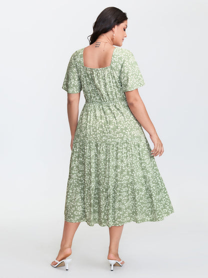 plus size Ditsy Floral Sweetheart Drawstring Pocket Tiered Dress