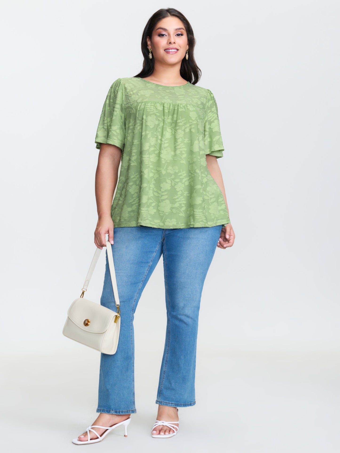 Textured Lace Neckline Flowy Sleeve Blouse