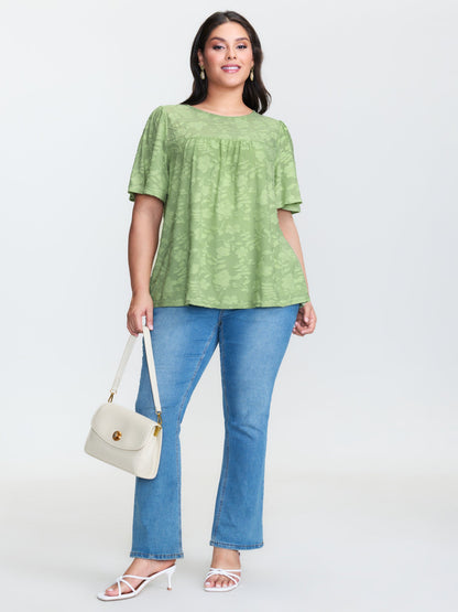 Textured Lace Neckline Flowy Sleeve Blouse