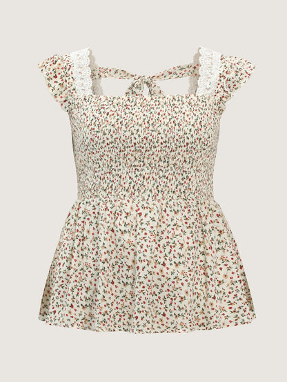 Micro Floral Print Backless Tie Blouse