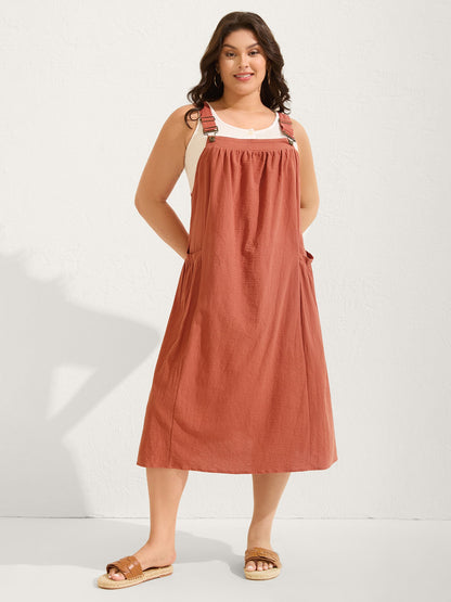 plus size Pure Cotton Pleated Pockets Midi Dress