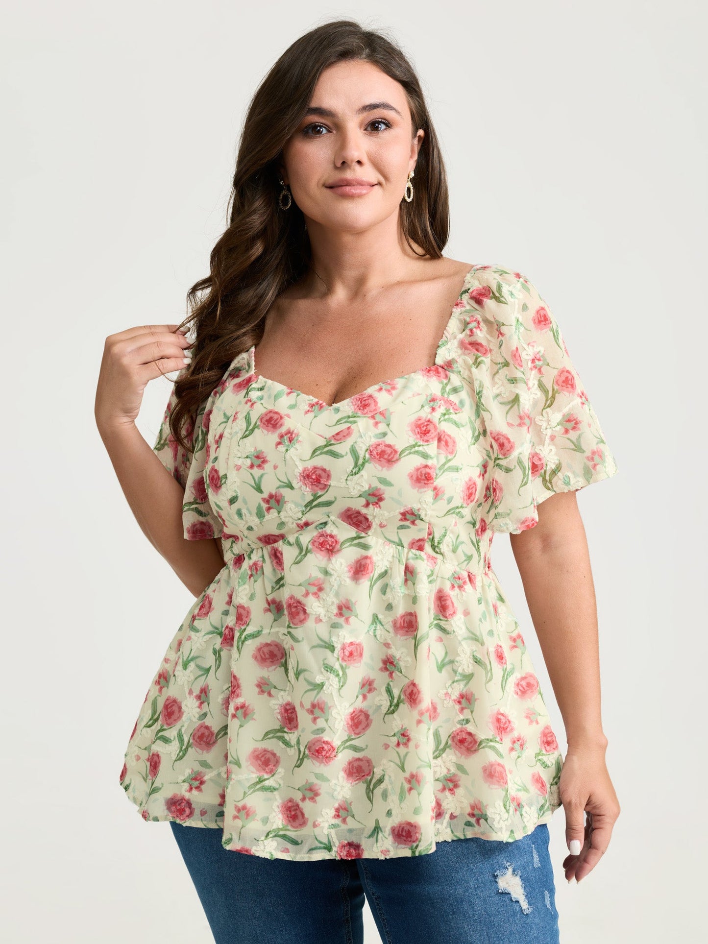 Rosy Floral Print Sweetheart Neckline Shirred Blouse