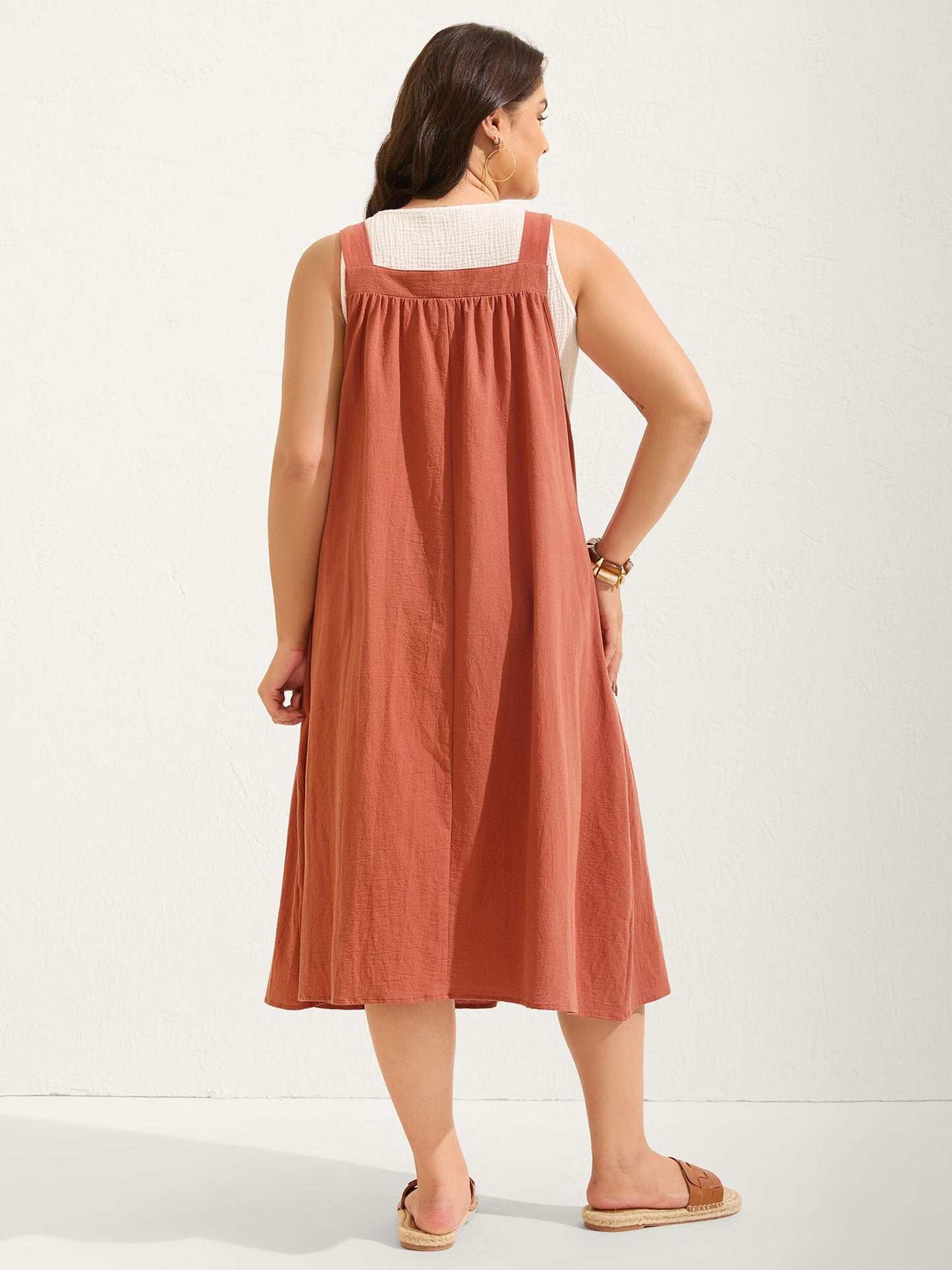 plus size Pure Cotton Pleated Pockets Midi Dress