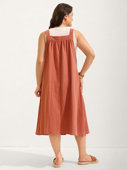 plus size Pure Cotton Pleated Pockets Midi Dress