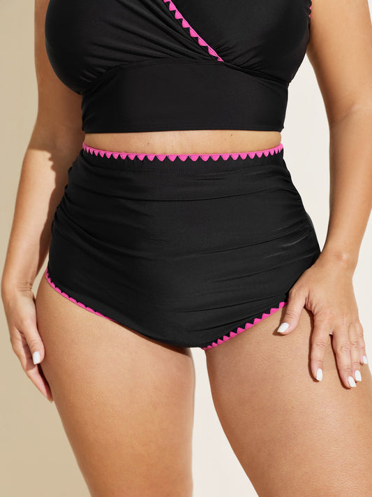Color Contrast Embroidered Pleated Swim Bottoms