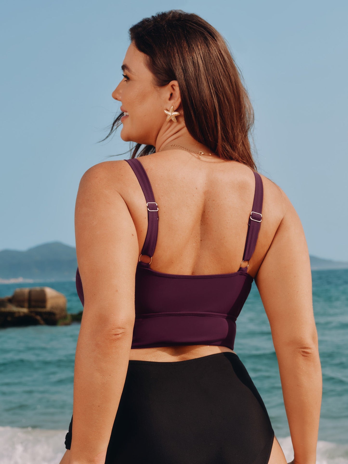 Gathered Metal Buckle Swim Top