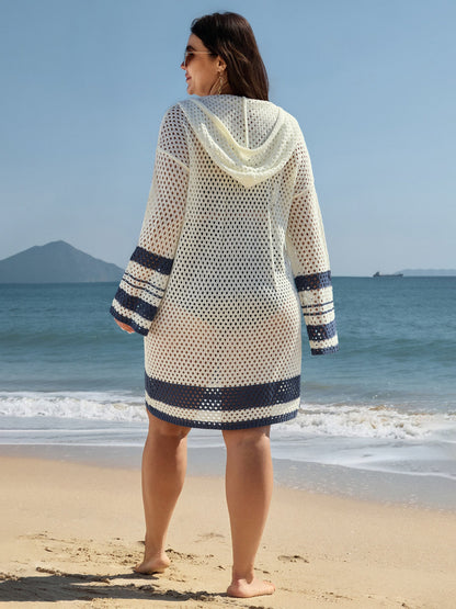 Striped Cut-Out Hooded Swim Cover-Up