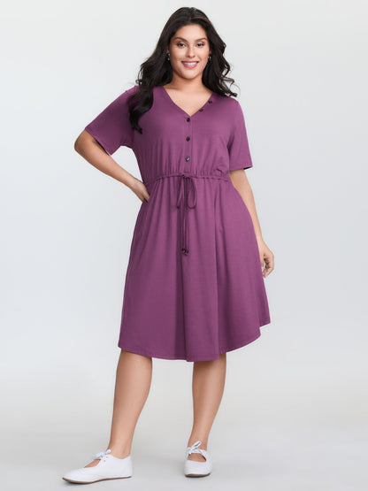 Supersoft Drawstring Waist Button Placket Mini Dress