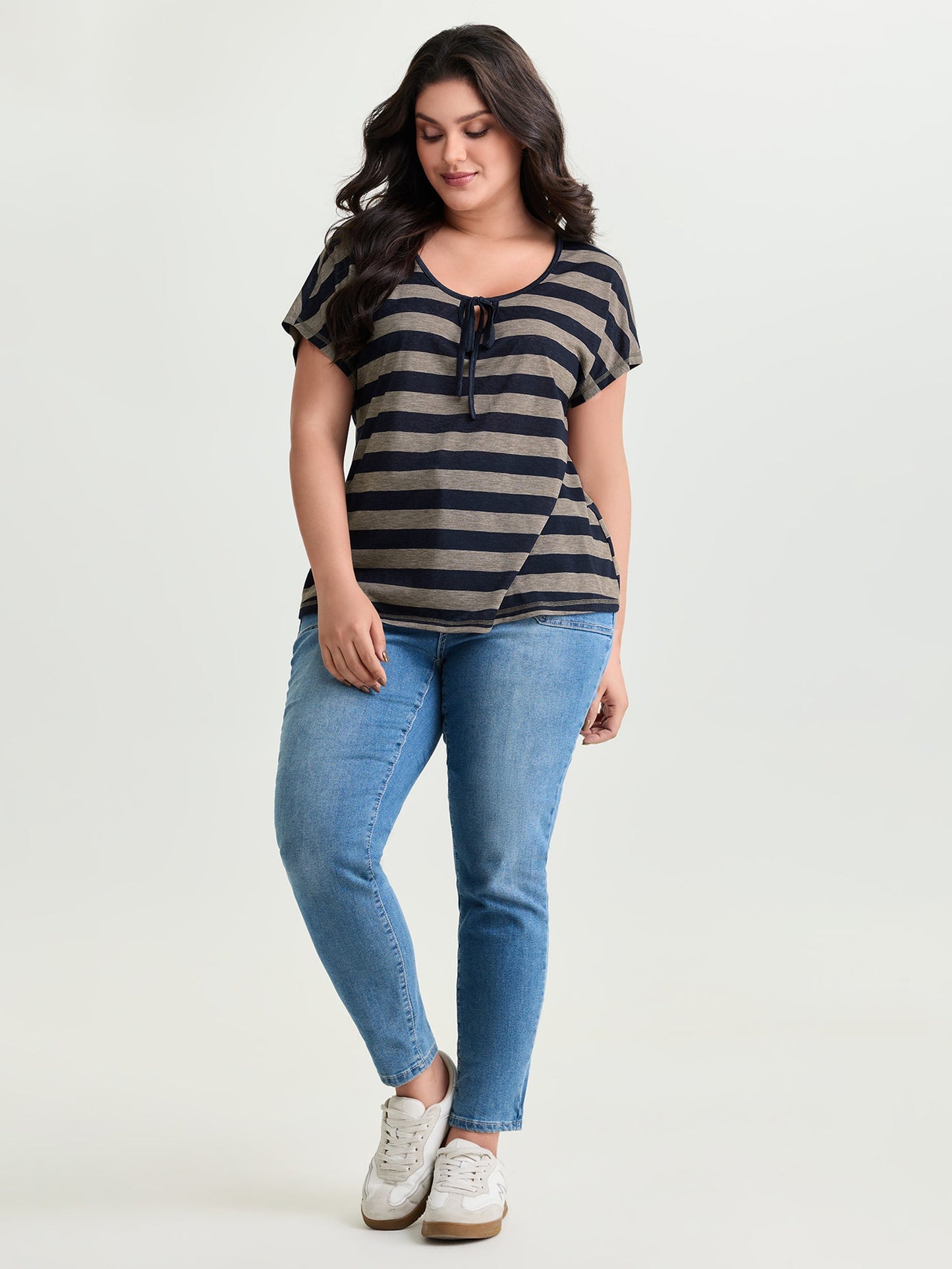 Stretchy Striped Print Neck-Tie T-Shirt