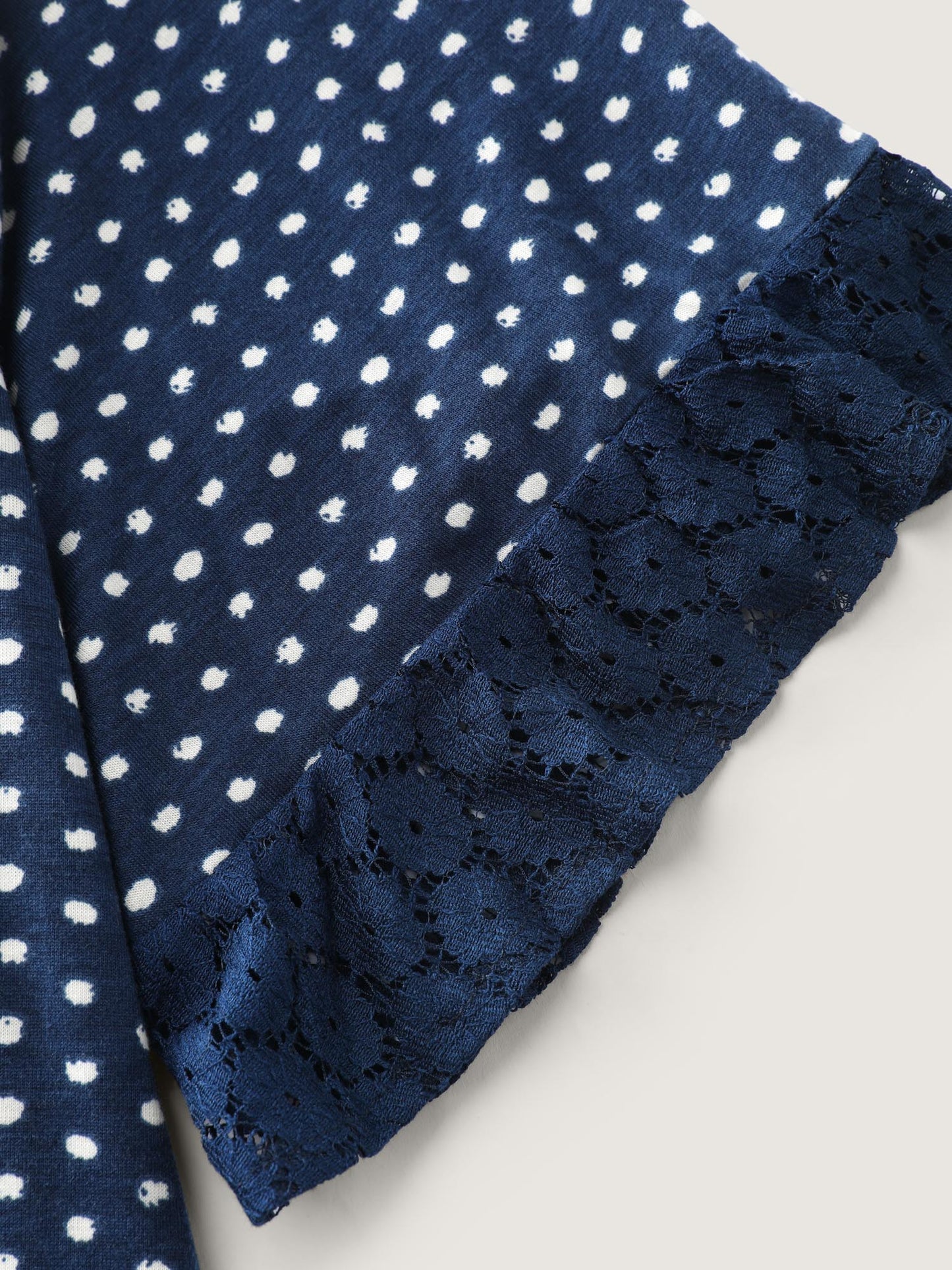 Polka Dots Print Lace Trim Knit Top