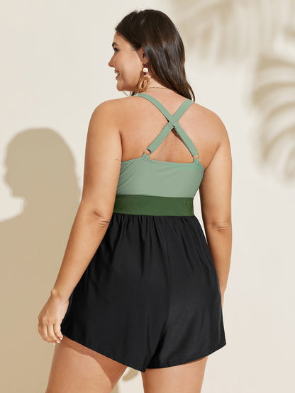 Patchwork Contrast Crossover One Piece Swimsuit