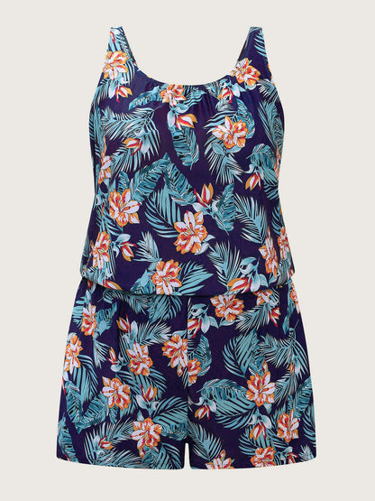 plus size Tropical Flower Print Pockets One-Piece Swimsuit