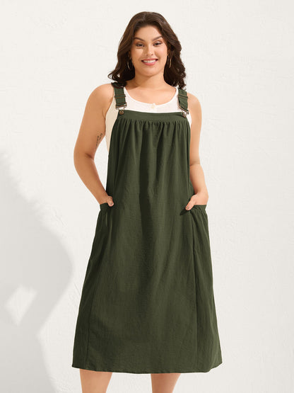 plus size Pure Cotton Pleated Pockets Midi Dress