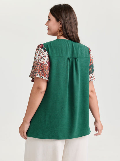 Floral Collage Print Keyhole Neckline Blouse