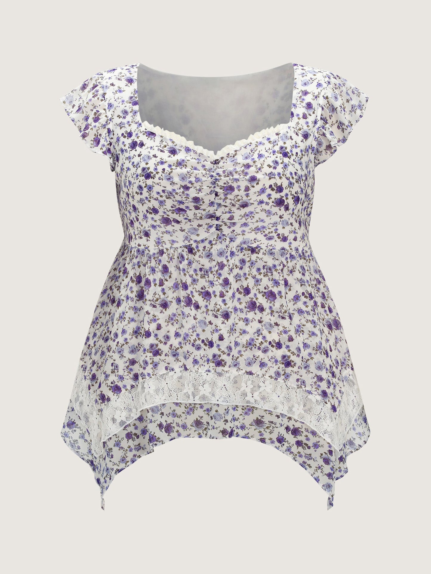 Floral Print Lace Trim Layered Blouse