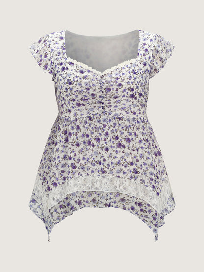 Floral Print Lace Trim Layered Blouse
