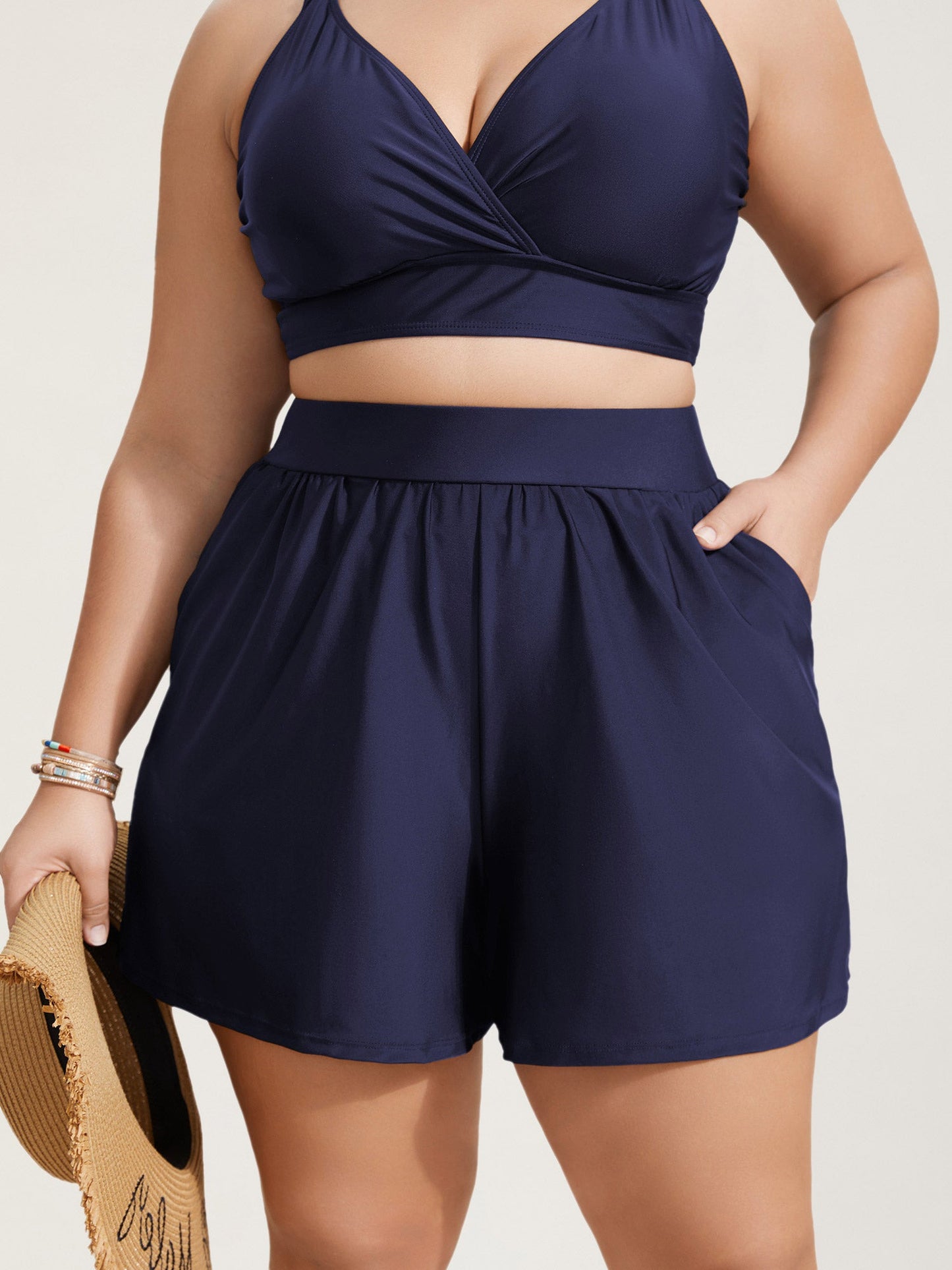 High Waisted Pockets Solid Pleated Swim Bottoms