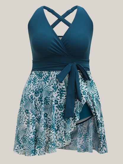 Tropical Split Mesh Belted Swim Dress