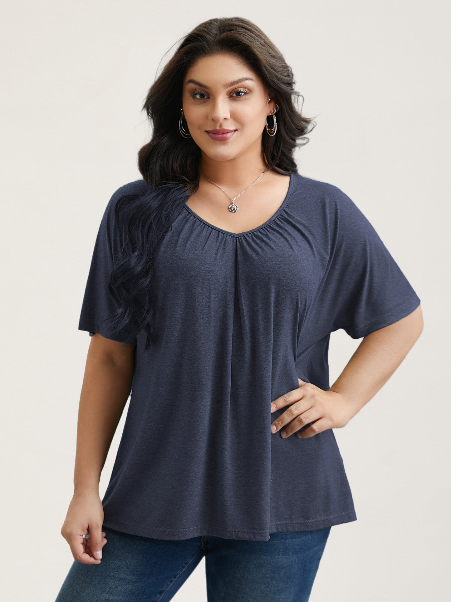 Pleated Plain Half-Sleeve Knit Top