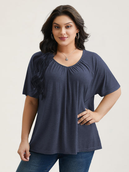 Pleated Plain Half-Sleeve Knit Top