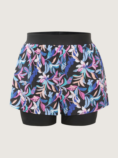 Vibrant Floral Print Pockets Swim Bottoms