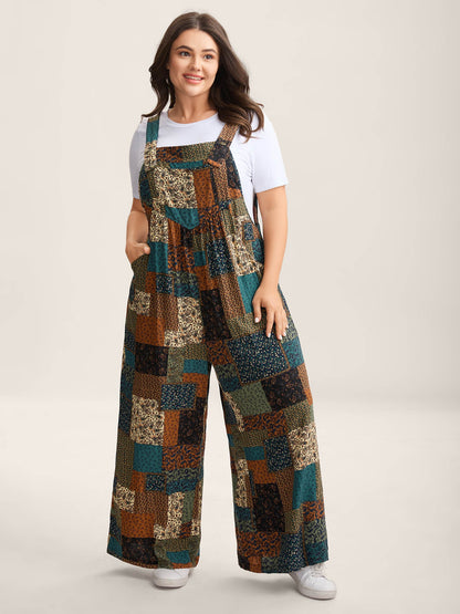 Vintage Boho Collage Overall Straps Jumpsuit