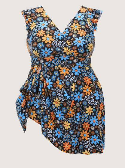 Anti-Float Tie Floral Pattern Swim Dress