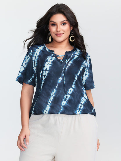 Tie-Dye Print Drawstring Neckline T-Shirt