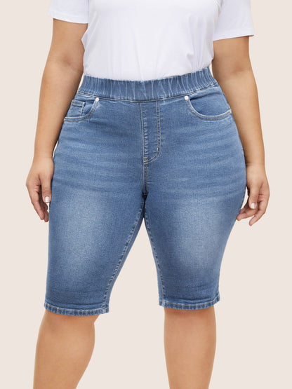 Pull-On Folded Hem Knee-Length Denim Shorts