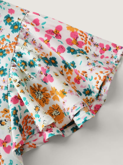Bright Floral Print Flutter Sleeve Blouse