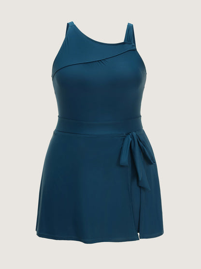 Asymmetrical High Neckline Knotted Swim Dress