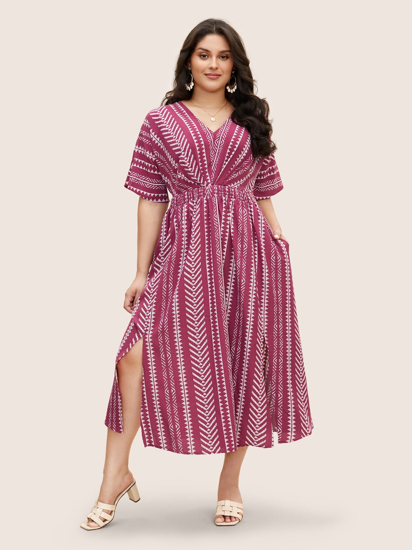 plus size Solid Geometric Dolman Sleeve Pocket Shirred Split Hem Dress