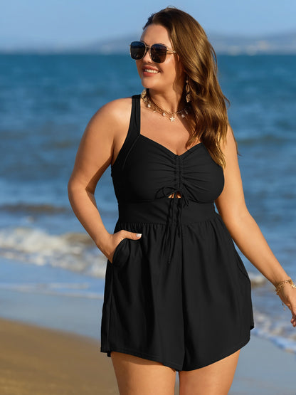 Cut-Out Drawstring Pockets Swim Romper