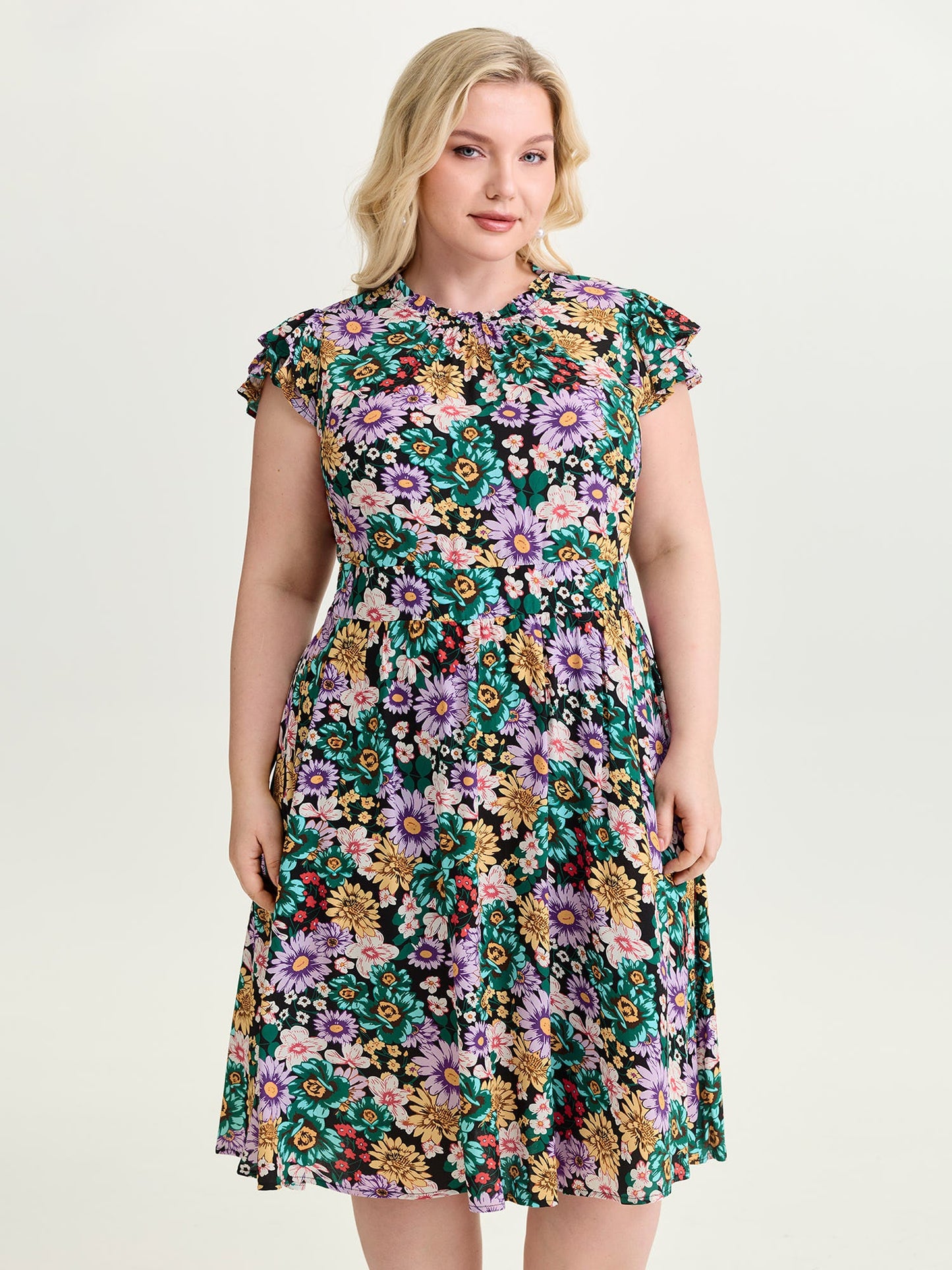 Vibrant Floral Print Ruffled Neckline Mini Dress