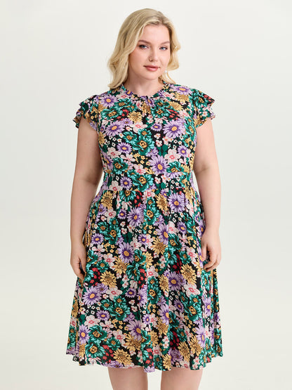 Vibrant Floral Print Ruffled Neckline Mini Dress
