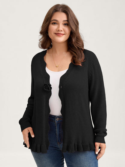 Supersoft Textured Floral Button Ruffled Hem Knit Cardigan