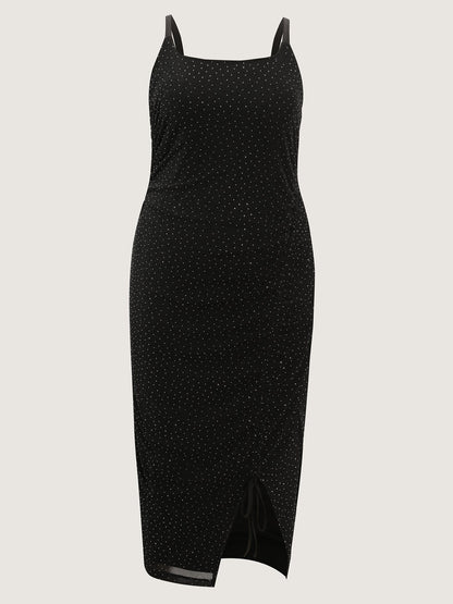Mesh Rhinestone Padded Underwear Detail Midi Dress