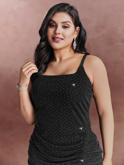 Mesh Rhinestone Padded Underwear Detail Midi Dress
