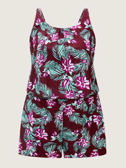 plus size Tropical Flower Print Pockets One-Piece Swimsuit