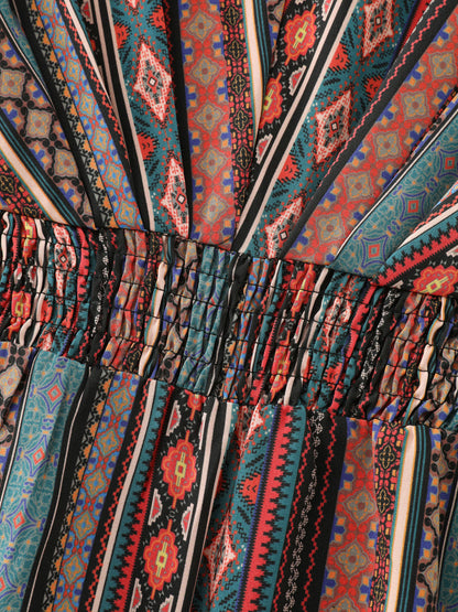 Boho Stripe Print Shirred Waist Midi Dress