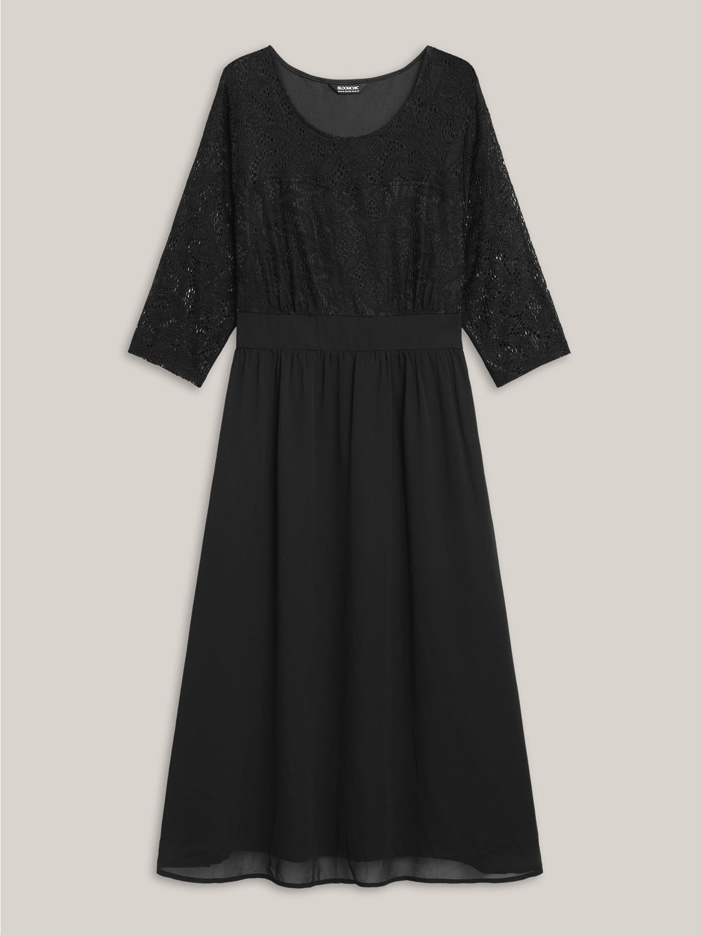 Lace Patchwork Shirred Midi Pocket Dress
