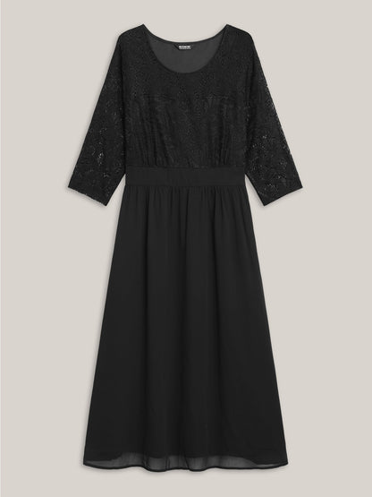 Lace Patchwork Shirred Midi Pocket Dress