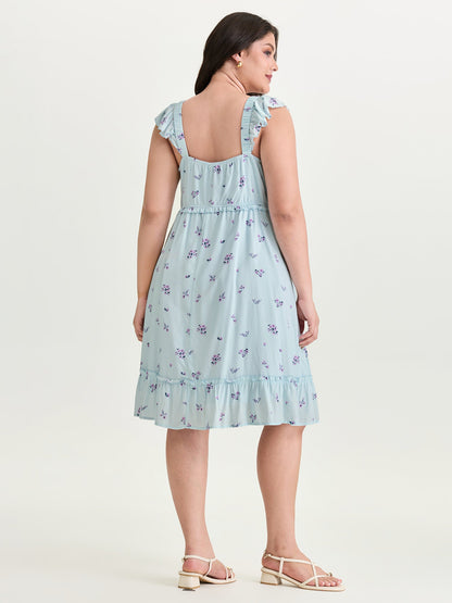 Soft Floral Print Ruffled Detail Mini Dress