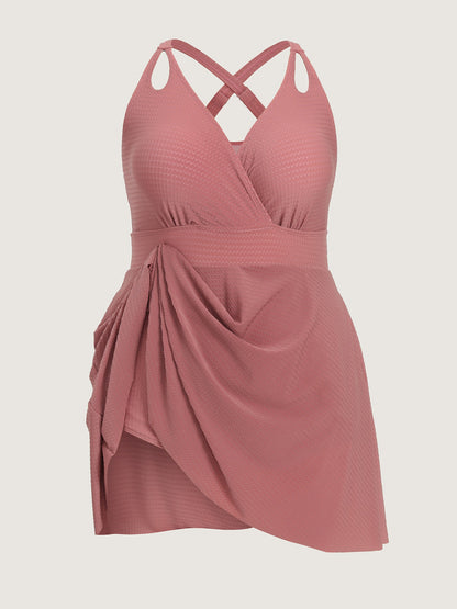 Textured Surplice Cut-Out Shoulder Swim Dress
