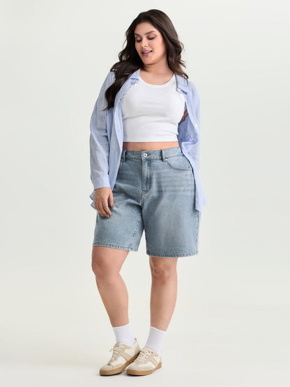 Stretchy Waist Faded Denim Shorts