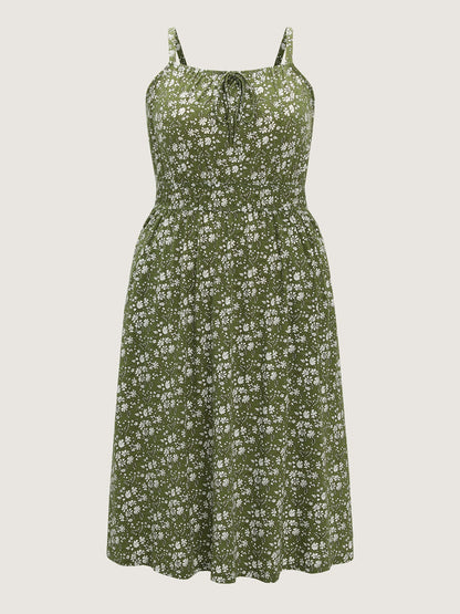 Dense Floral Print Cinched-Waist Midi Dress