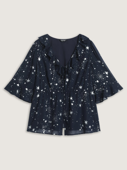 Gold Stamped Floral Print Lotus Leaf Blouse